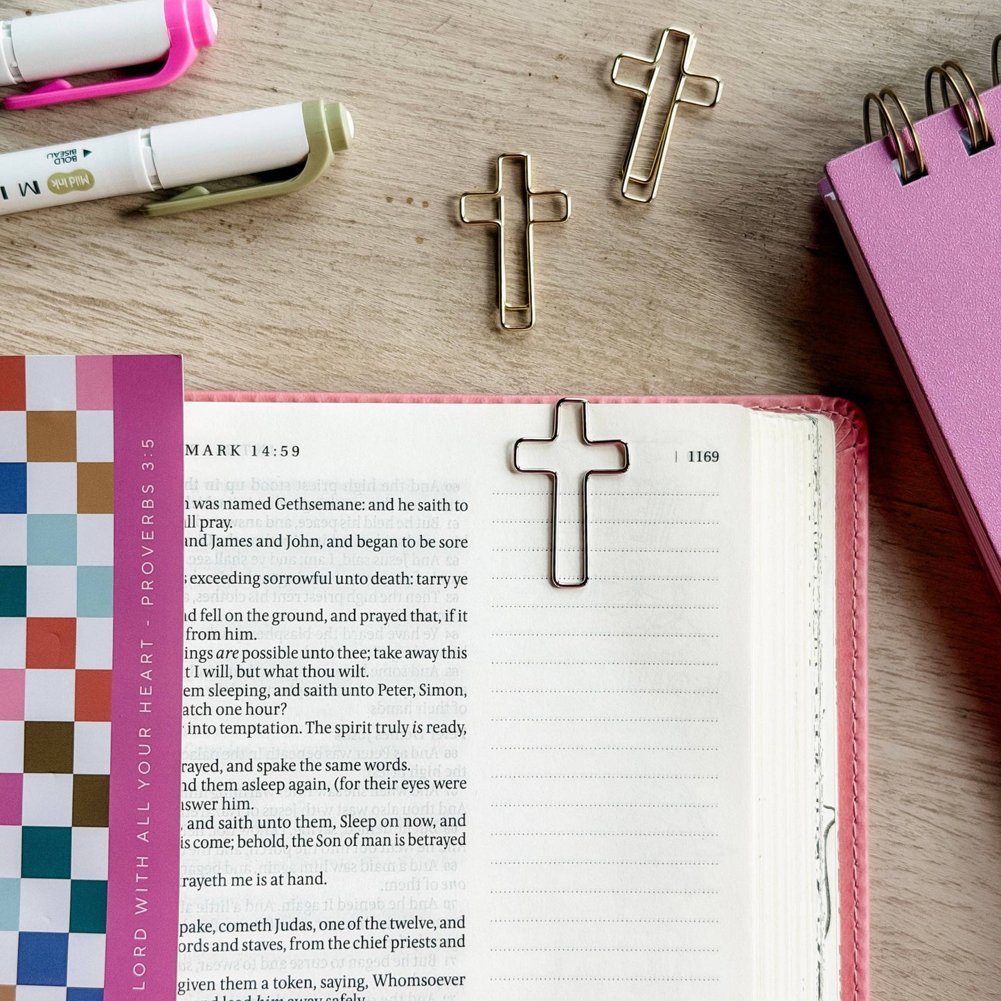 Pink Bookmark + Cross Paper Clips