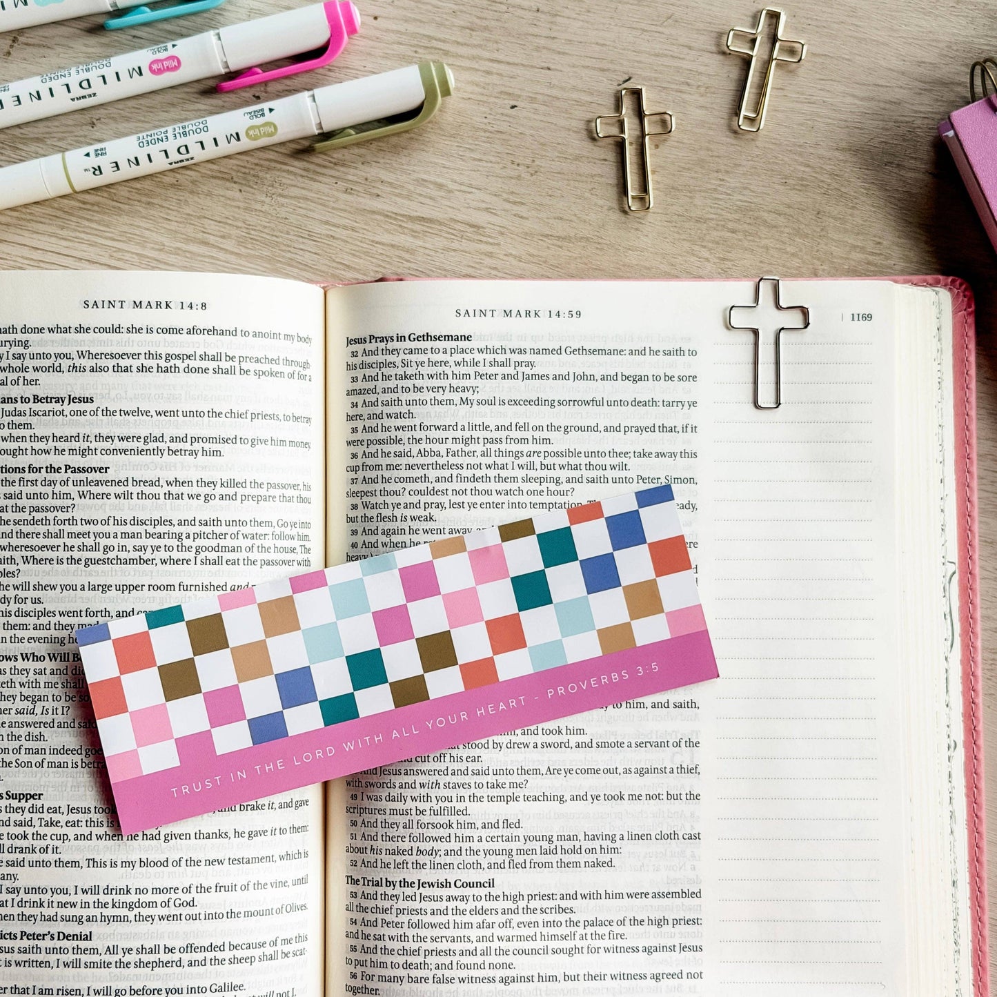 Pink Bookmark + Cross Paper Clips