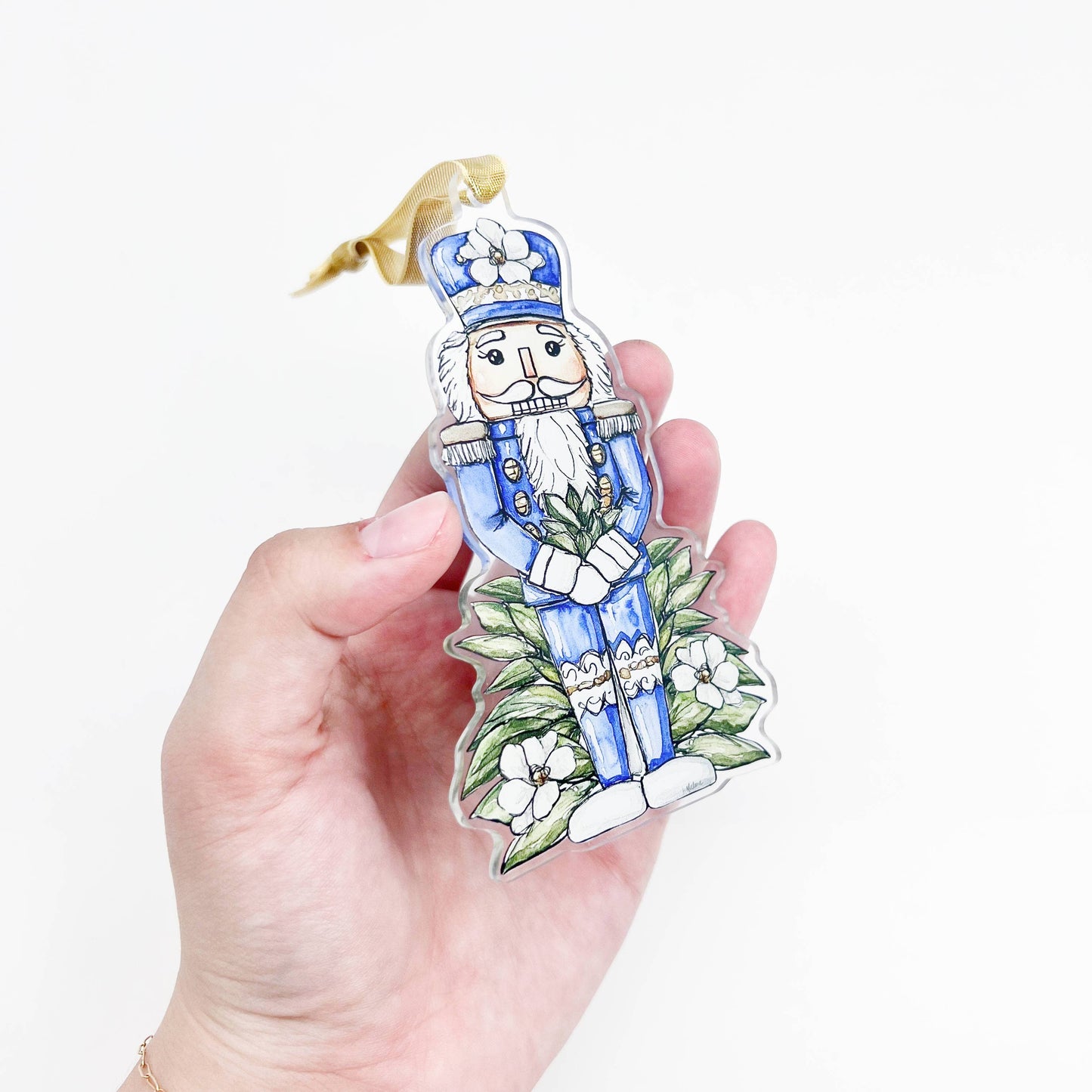 Acrylic Blue Magnolia Nutcracker Ornament